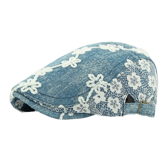 Majeure Denim Newsboy Cap with Lace Detail, Vintage Washed, Adjustable