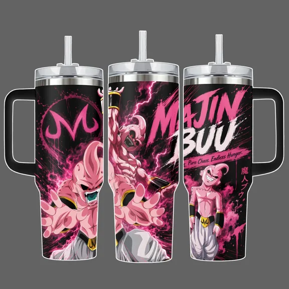 Majin Buu Anime Tumbler Cup, Pink Chaos Full Wrap Graphic, Stainless Steel Insulated Dragon Tumbler 20oz/40oz with Straw Lid Included