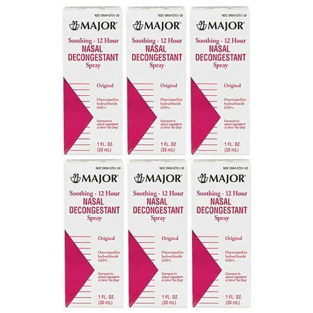 Major 12-Hour Nasal Decongestant Spray, OTC Medicine for Nasal Congestion 1 oz 6-Pack