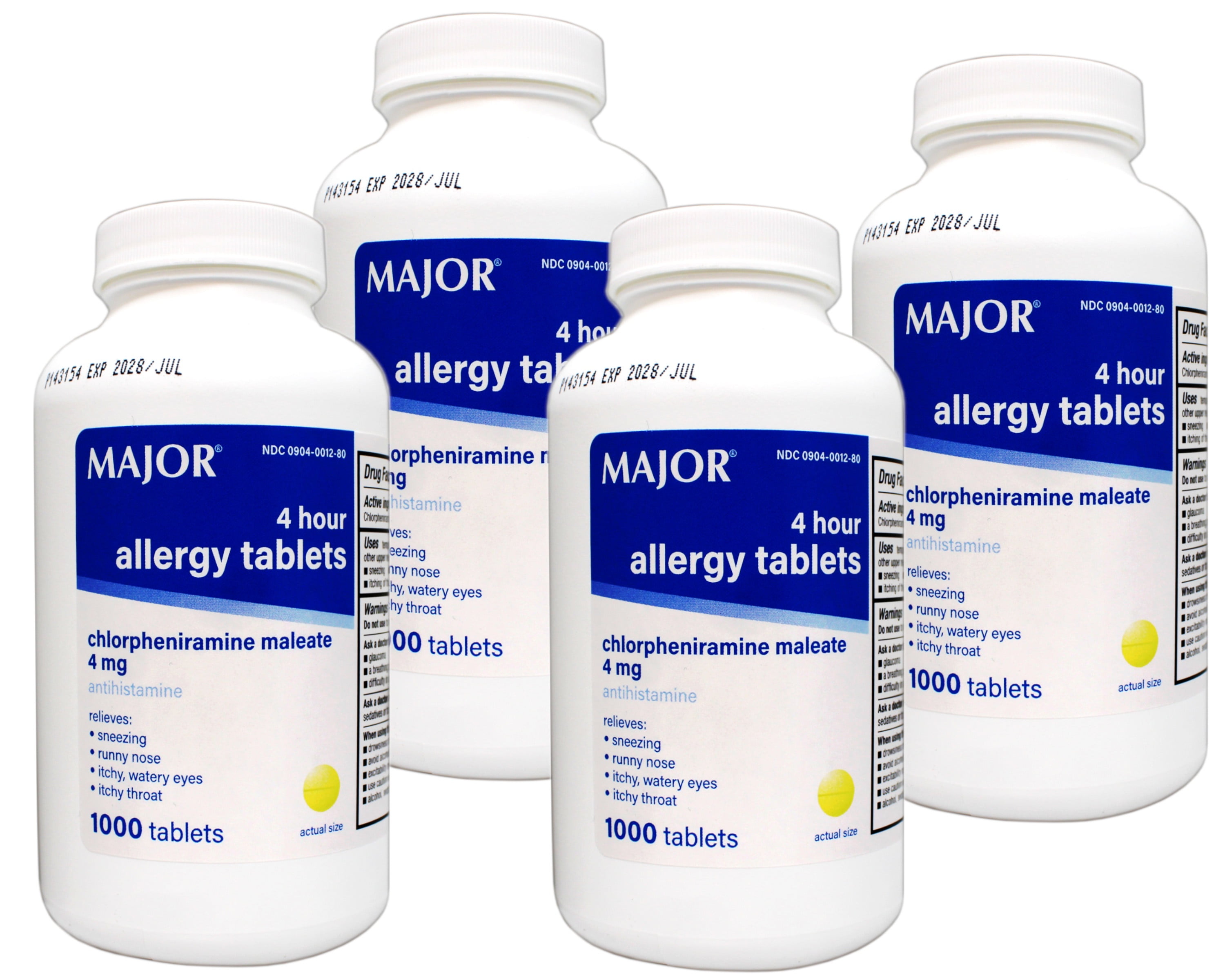 Major Allergy Tablets Chlorpheniramine maleate 4 mg. 1000/btl (Pack of 4)