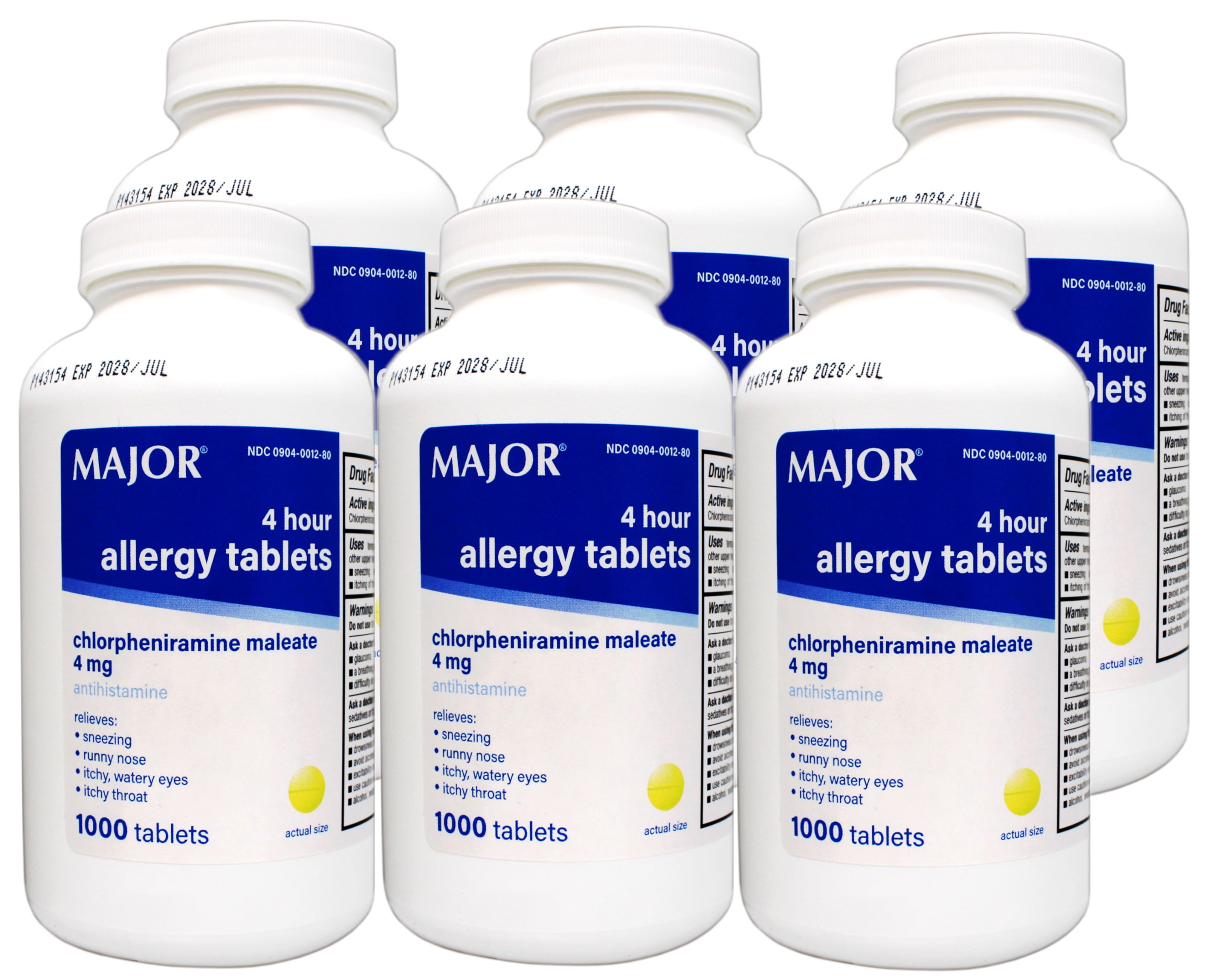 Major Allergy Tablets Chlorpheniramine maleate 4 mg. 1000/btl (Pack of 6)