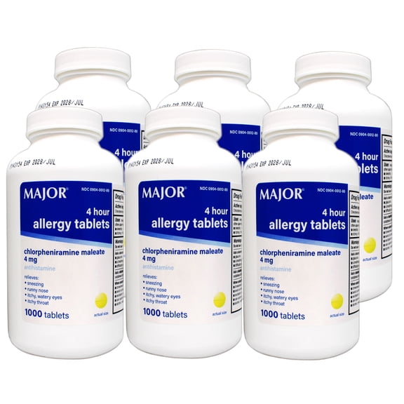 Major Allergy Tablets Chlorpheniramine maleate 4 mg. 1000/btl (Pack of 6)
