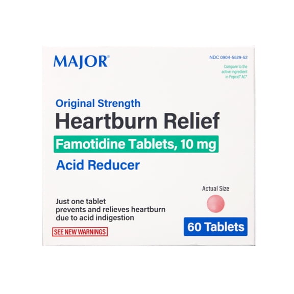 Major Heartburn Relief Tablets Famotidine 10 mg Acid Reducer 60 Count