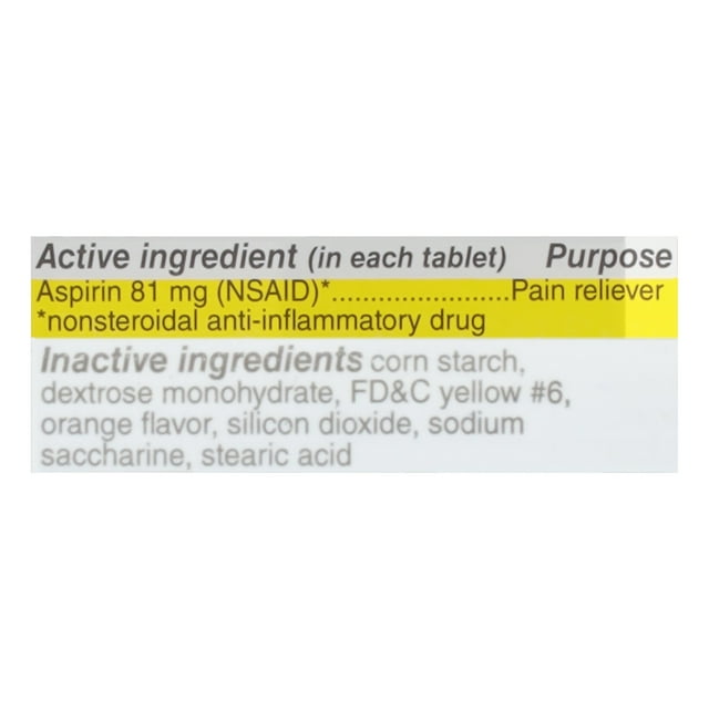 Major Aspirin Low Dose Pain Reliever (NSAID) 81 mg Chewable 90 Tablets, Orange Flavor, 1 Bottle