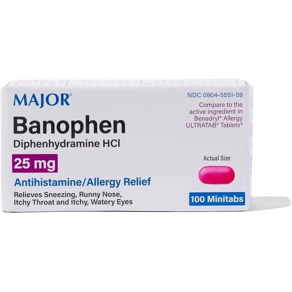 Major Banophen Diphenhydramine Hydrochloride Mini Tablets, 25 mg, 100 Count