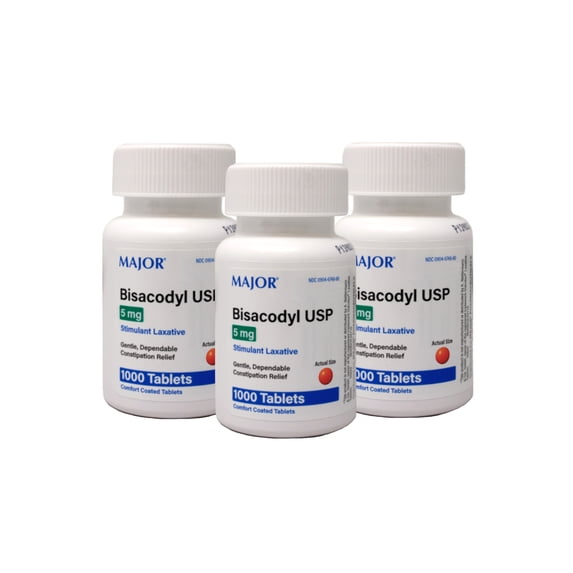 Major Bisacodyl USP Stimulant Laxative Coated Tablets, 5 mg, 1000 Count, 3 Pack