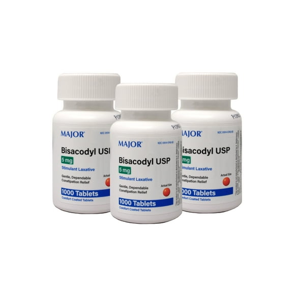 Major Bisacodyl USP Stimulant Laxative Coated Tablets, 5 mg, 1000 Count, 3 Pack