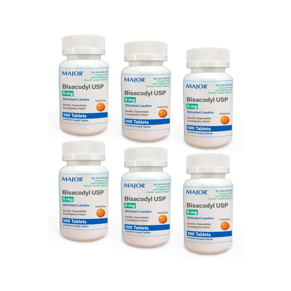 Major Bisacodyl USP Stimulant Laxative 5mg, 100 Tablets - Pack of 6