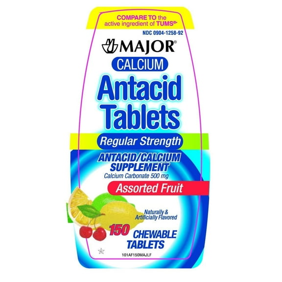 Major Calcium Antacid Chewable Assorted Fruit Flavor Tablets, Regular Strength, 150 Per Bottle Pack of 4
