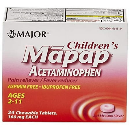 Major Children's Mapap Bubblegum Chewable Acetaminophen Tablets 160 mg (3 Packs of 24)