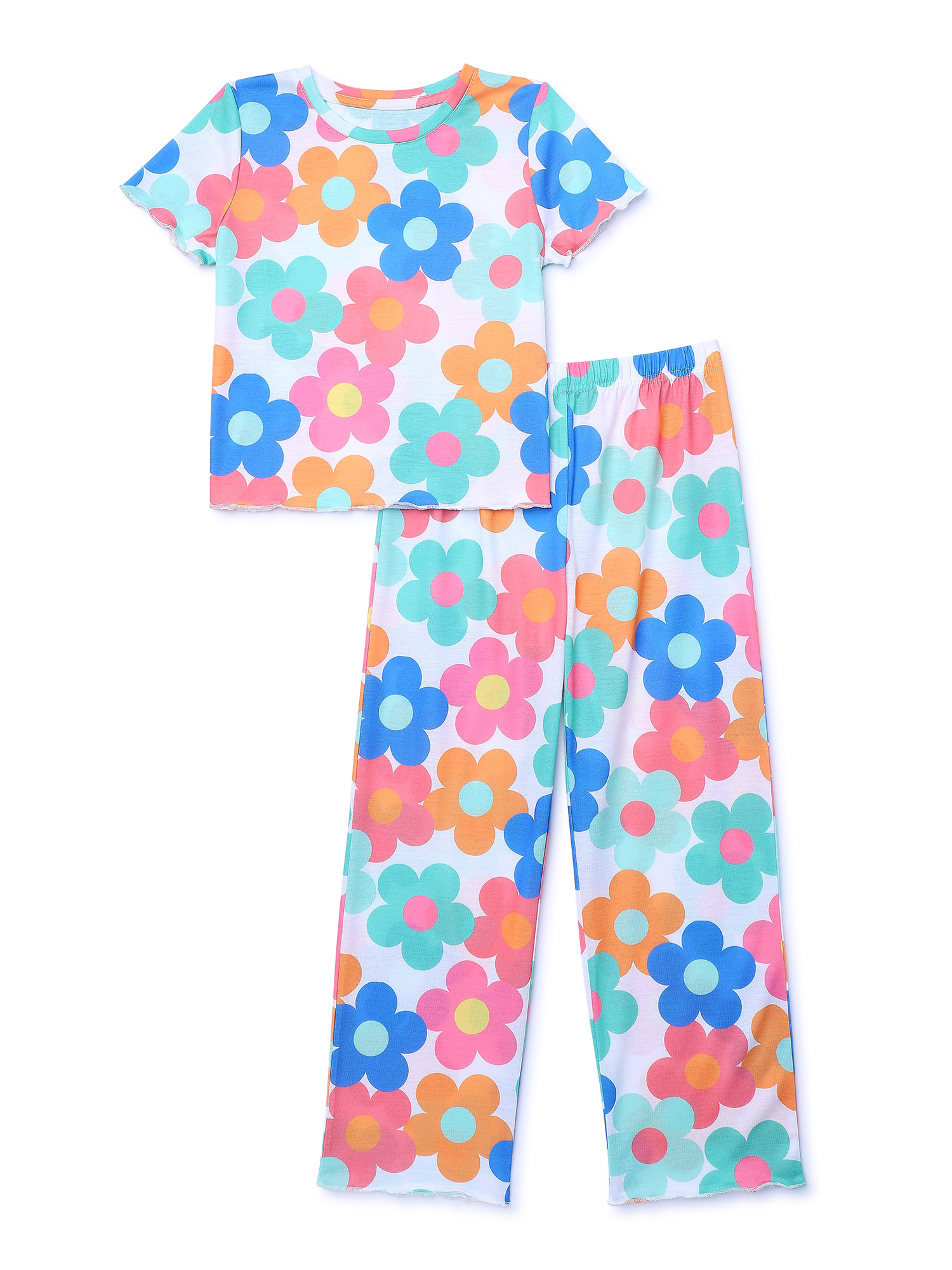 Major Cuddles Girls Short Sleeve Top And Pants Pajama Set With Lettuce 