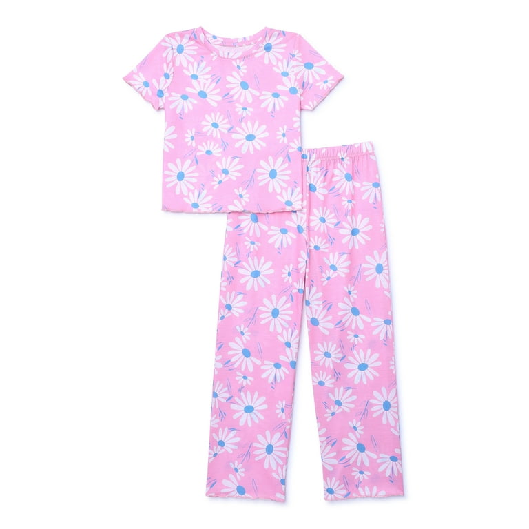 Major Cuddles Girls Short Sleeve Top and Pants Pajama Set with Lettuce Edge Trim 2 Piece Sizes 4 18 Plus Walmart