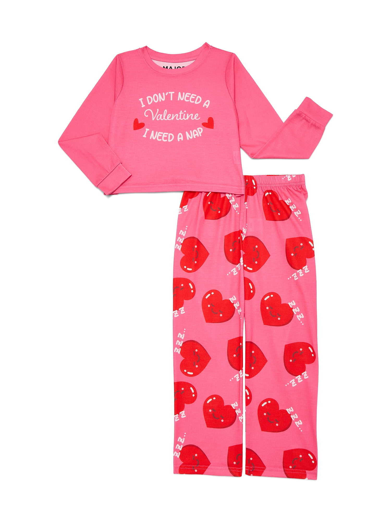 Major Cuddles Girls Valentine's Long Sleeve Top and Pants Pajama Sleep Set, 2-Piece, Sizes 4-12