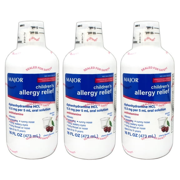 Major Children's Allergy Relief Diphenhydramine HCI 12.5mg/5 mL Oral Solution, Cherry Flavored, 16 FL OZ - 3 Pack