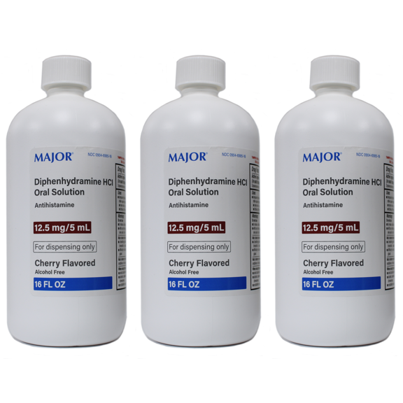 Major Diphenhydramine HCI 12.5mg/5 mL Oral Solution, Cherry, 16 Ounce Pack of 3