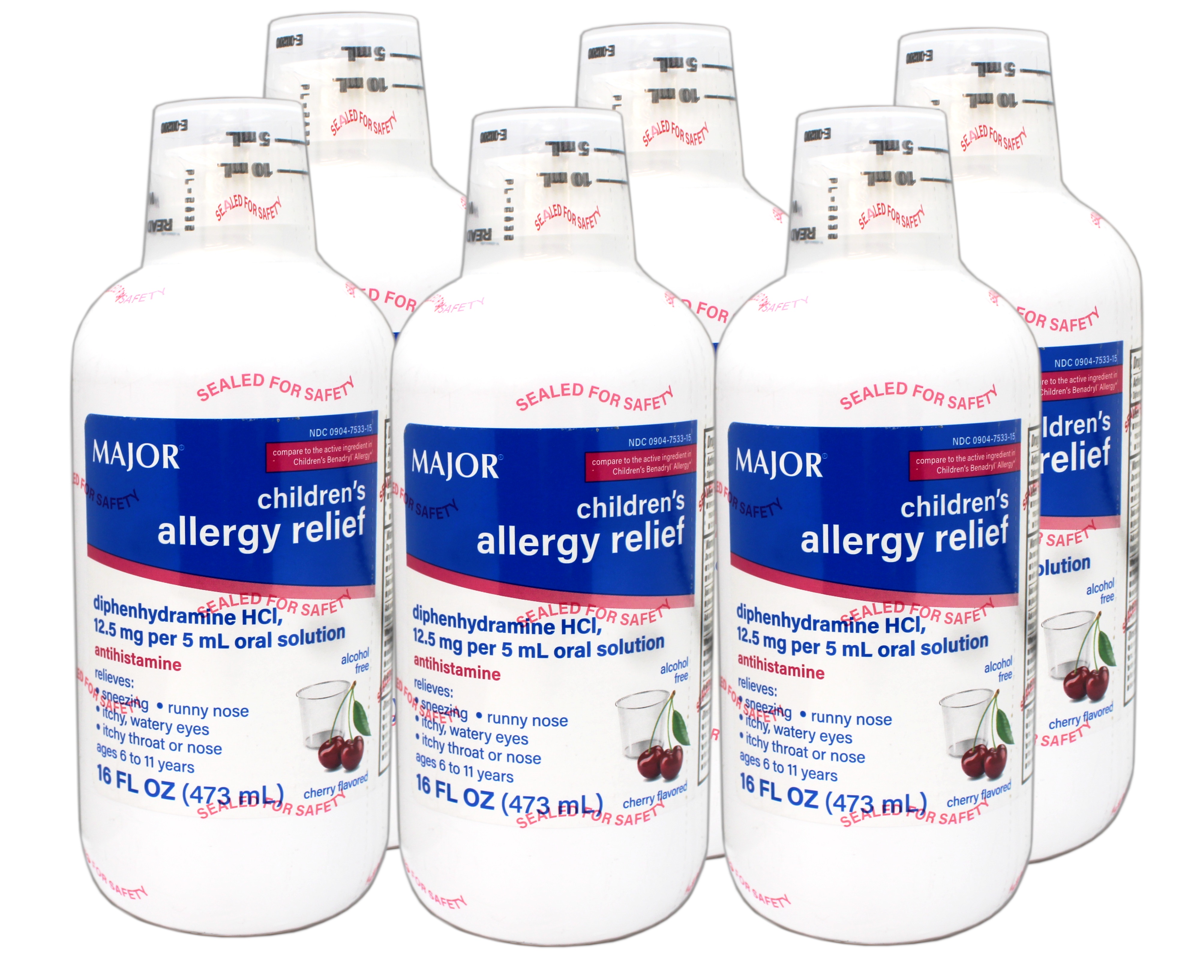 Major Children's Allergy Relief Diphenhydramine HCI 12.5mg/5 mL Oral Solution, Cherry Flavored, 16 FL OZ - 6 Pack