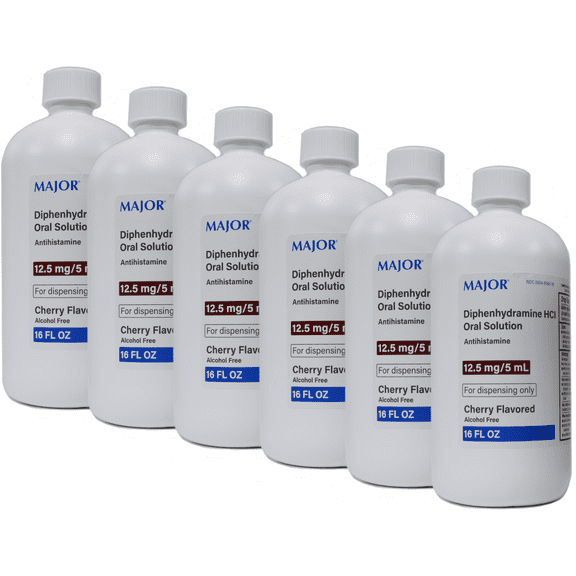 Major Diphenhydramine HCI 12.5mg/5 mL Oral Solution, Cherry, 16 Ounce Pack of 6