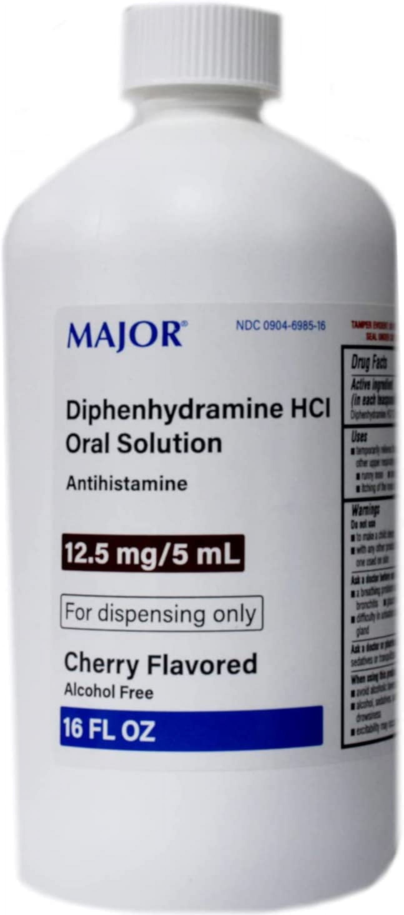 Major Diphenhydramine HCI 12.5mg/5 mL Oral Solution Cherry Flavored 16 Oz | Antihistamine Alcohol Free | Allergy Relief | Sleeping Medicine for Adults | Relieves Runny Nose, Sneezing | Itching Relief