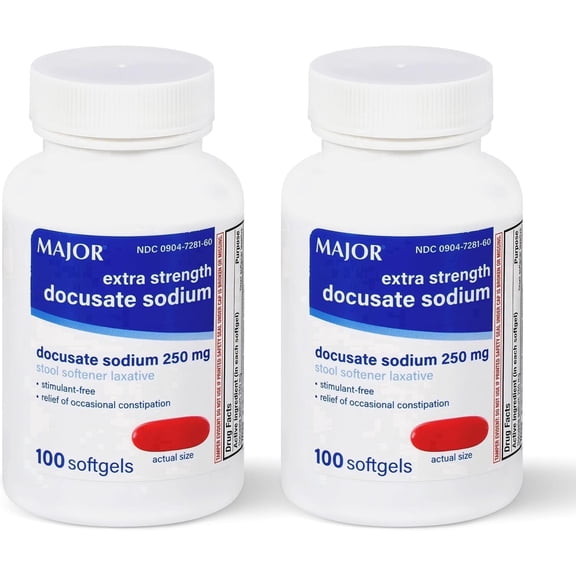 Major Docusate Sodium 250 mg Extra Strength Stool Softener Laxative Softgels for Constipation Relief 2 Pack, 100 Count