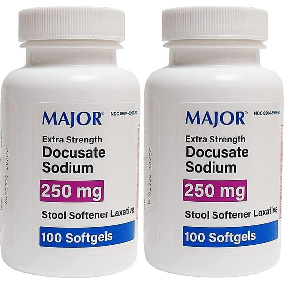 Major Docusate Sodium 250mg | Stool Softener Laxative | 100 Softgels | 2PK