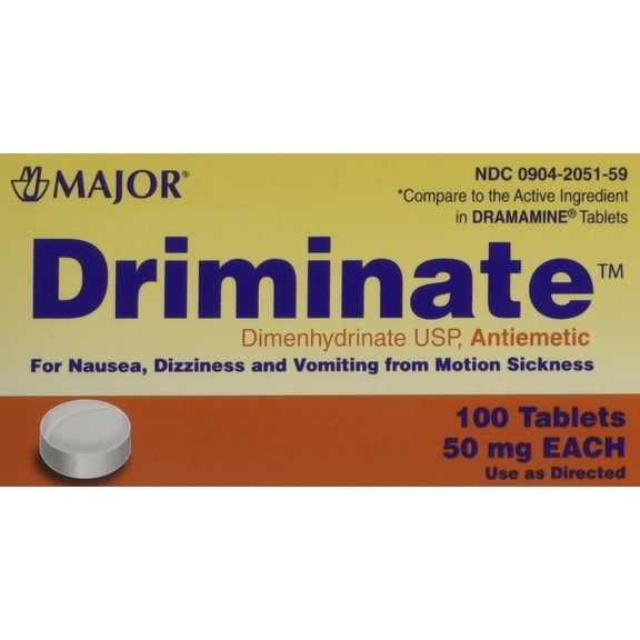 Major Driminate 50 mg 100 Count, OTC Medicine for Motion Sickness Prevention - 1PK