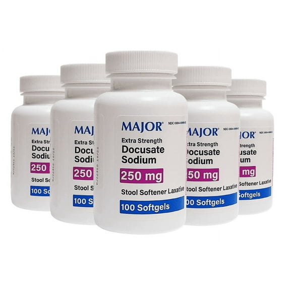 Major Extra Strength Stool Softener Laxative | Docusate Sodium 250 mg | 100 Softgels | 5PK