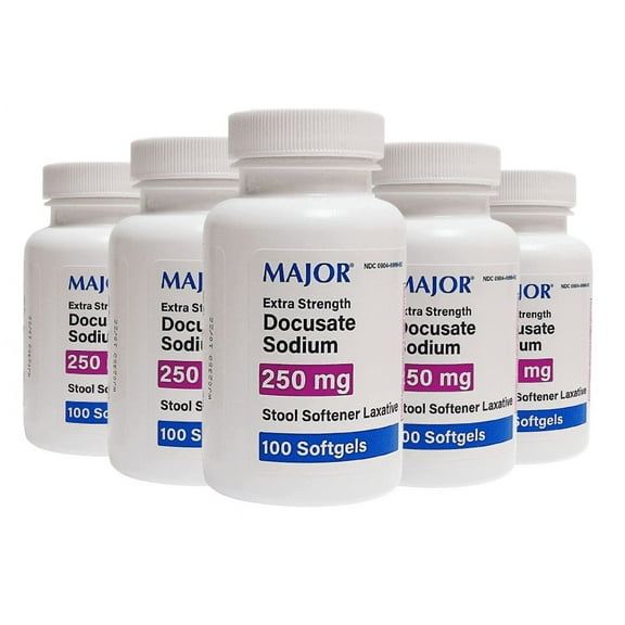Major Extra Strength Stool Softener Laxative | Docusate Sodium 250 mg | 100 Softgels | 5PK