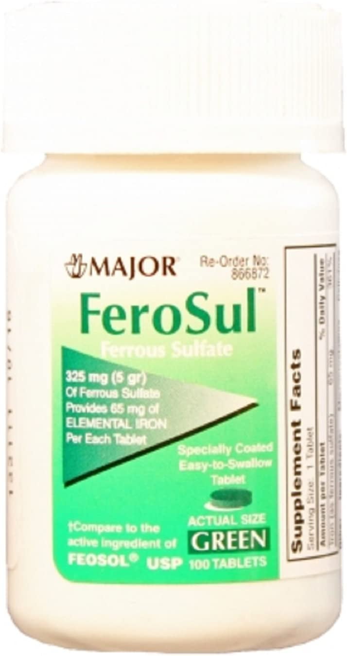 Major FeroSul Ferrous Sulfate 325mg Botlle of 100 Green Tablets (Pack of 3)