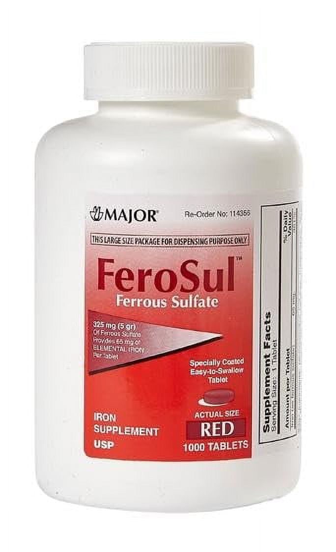Major FeroSul Iron Pills Supplement, Ferrous Sulfate 325mg, OTC, 1000 Count Tablets