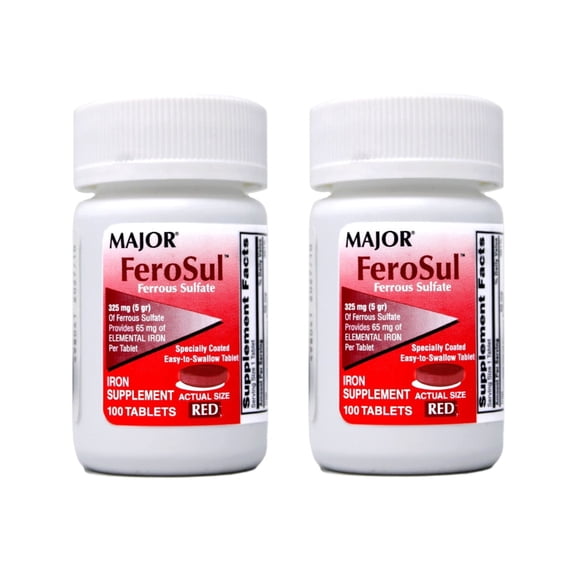 Major FeroSul Ferrous Sulfate Tablets, 325 mg, Iron Supplement, Red, 100 Count - 2 Pack