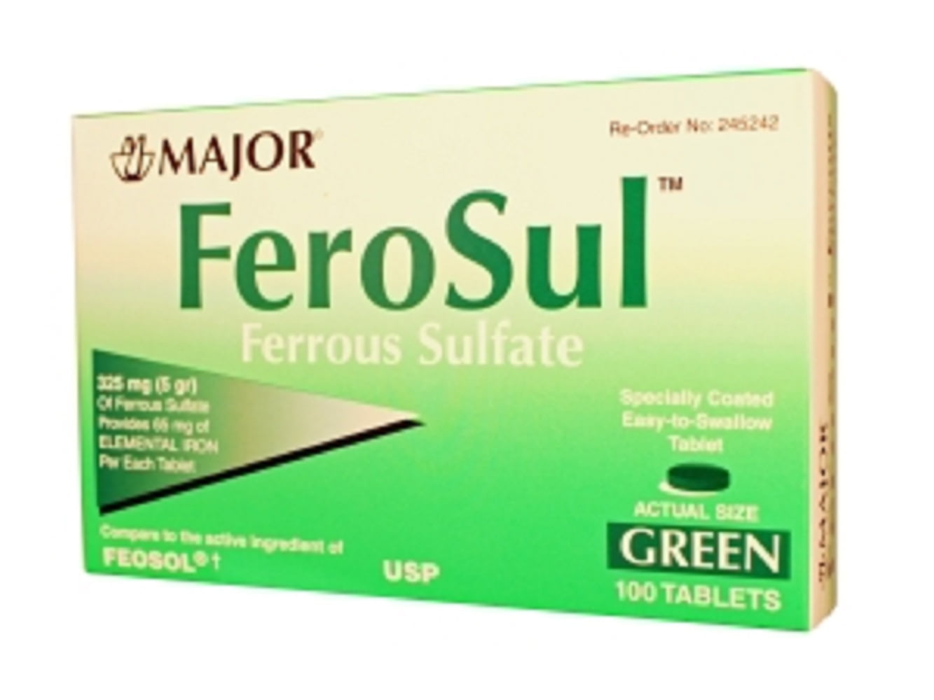 Major Ferosul Ferrous Sulfate Tablets, 325 mg, Green, 100 Count
