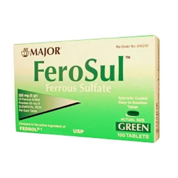 Major Ferosul Ferrous Sulfate Tablets, 325 mg, Green, 100 Count