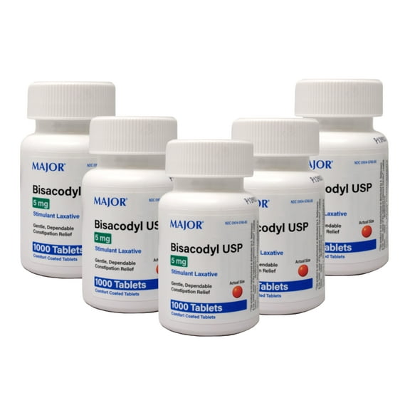 Major Bisacodyl USP Stimulant Laxative Coated Tablets, 5 mg, 1000 Count - 5 Pack