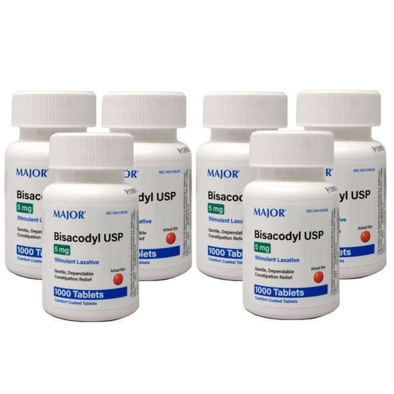 Major Bisacodyl USP Stimulant Laxative Coated Tablets, 5 mg, 1000 Count - 6 Pack