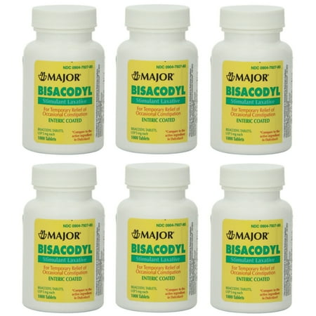 Major Bisacodyl USP Stimulant Laxative Coated Tablets, 5 mg, 1000 Count - 6 Pack