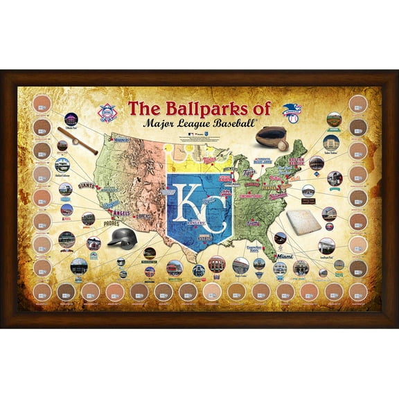 Major League Baseball Parks Framed 20" x 32" Kansas City Royals Map Collage with Game-Used Dirt from All 30 Stadiums - Fanatics Authentic Certified