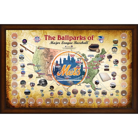 Major League Baseball Parks Framed 20" x 32" New York Mets Map Collage with Game-Used Dirt from All 30 Stadiums