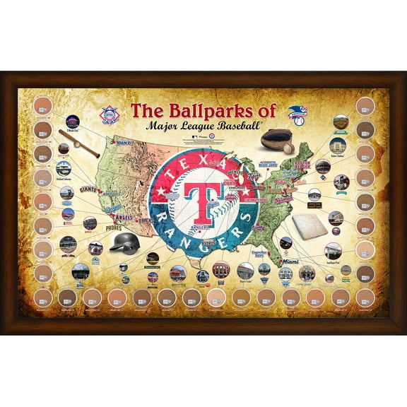 Texas Rangers Framed 20" x 32" MLB Parks Map Collage with Game-Used Dirt from All 30 Stadiums