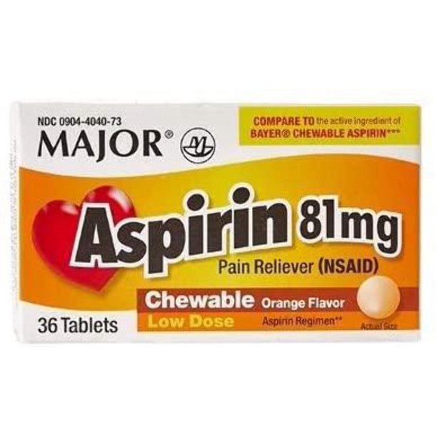 Major Low Dose Aspirin Chewables Orange Flavor 81mg 36 Tabs 2pck