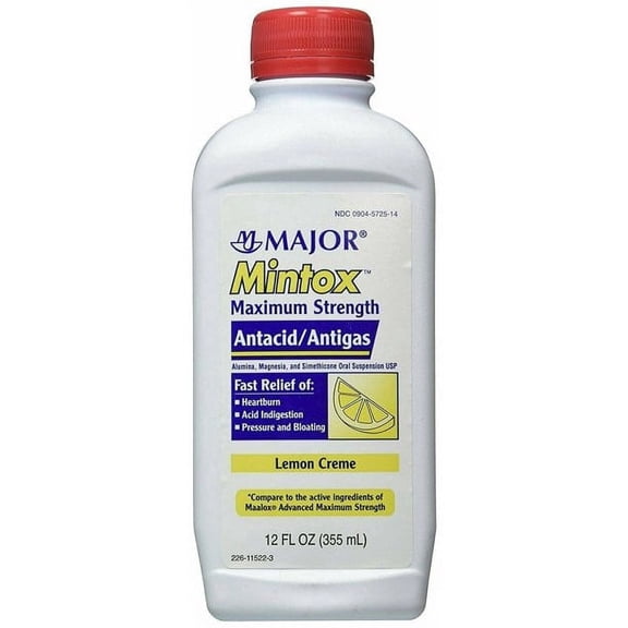 MAJOR Mintox Maximum Strength Antacid/Antigas for Fast Relief of Heartburn, Acid Indigestion, Pressure, Bloating - Lemon Creme - 12 Fl Oz (1 Pack)