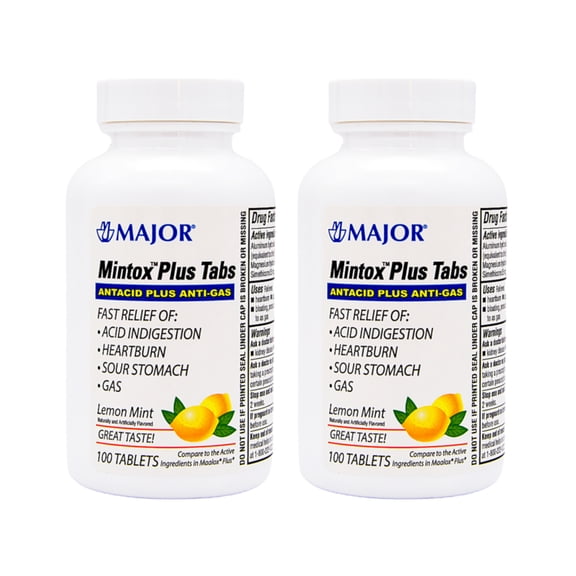Major Mintox Plus Antacid Plus Anti-Gas Tabs, Lemon Mint, 100 Count - Pack of 2