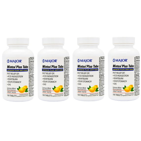 Major Mintox Plus Antacid Plus Anti-Gas Tabs, Lemon Mint, 100 Count - Pack of 4