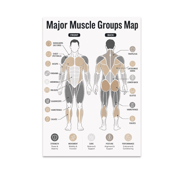 Major Muscle Groups Map - Fitness Enthusiast - 13x19 Poster Print