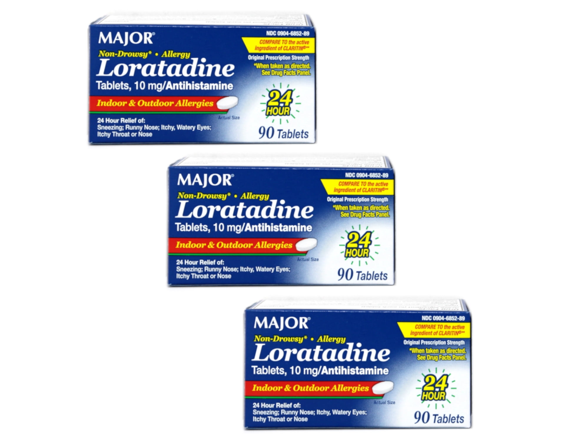 Major Non-Drowsy Allergy Loratadine 10mg Antihistamine, 90 Tablets - Pack of 3