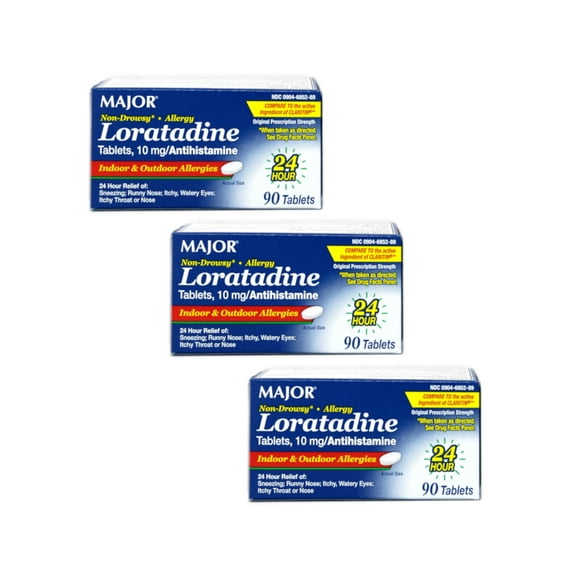Major Non-Drowsy Allergy Loratadine 10mg Antihistamine, 90 Tablets - Pack of 3