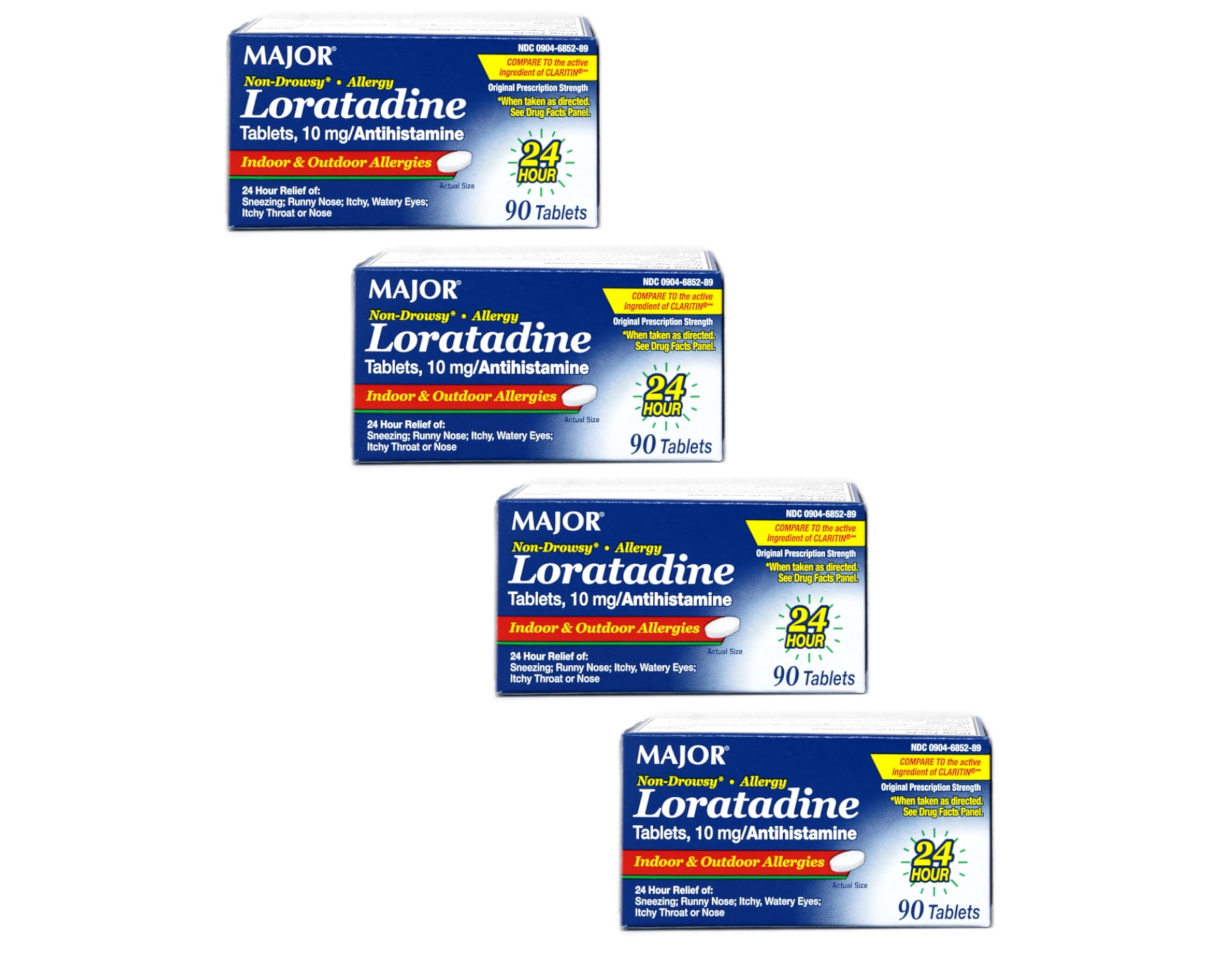 Major Non-Drowsy Allergy Loratadine 10mg Antihistamine, 90 Tablets - Pack of 4