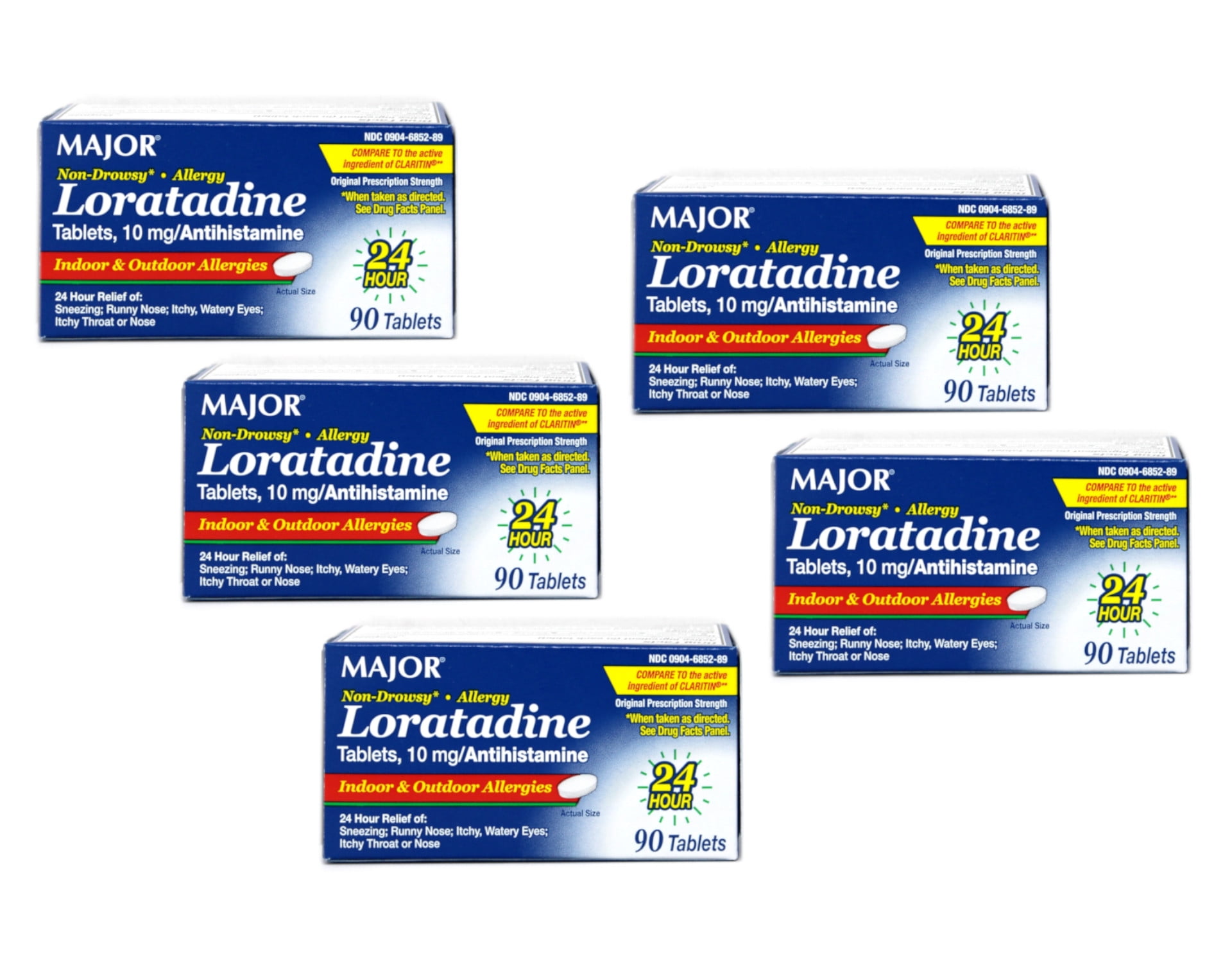 Major Non-Drowsy Allergy Loratadine 10mg Antihistamine, 90 Tablets - Pack of 5