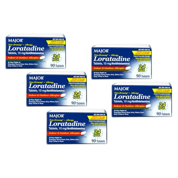 Major Non-Drowsy Allergy Loratadine 10mg Antihistamine, 90 Tablets - Pack of 5