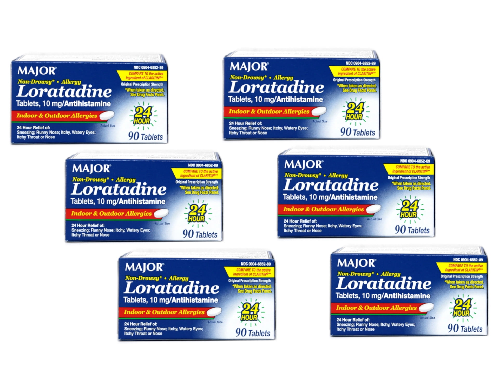 Major Non-Drowsy Allergy Loratadine 10mg Antihistamine, 90 Tablets - Pack of 6