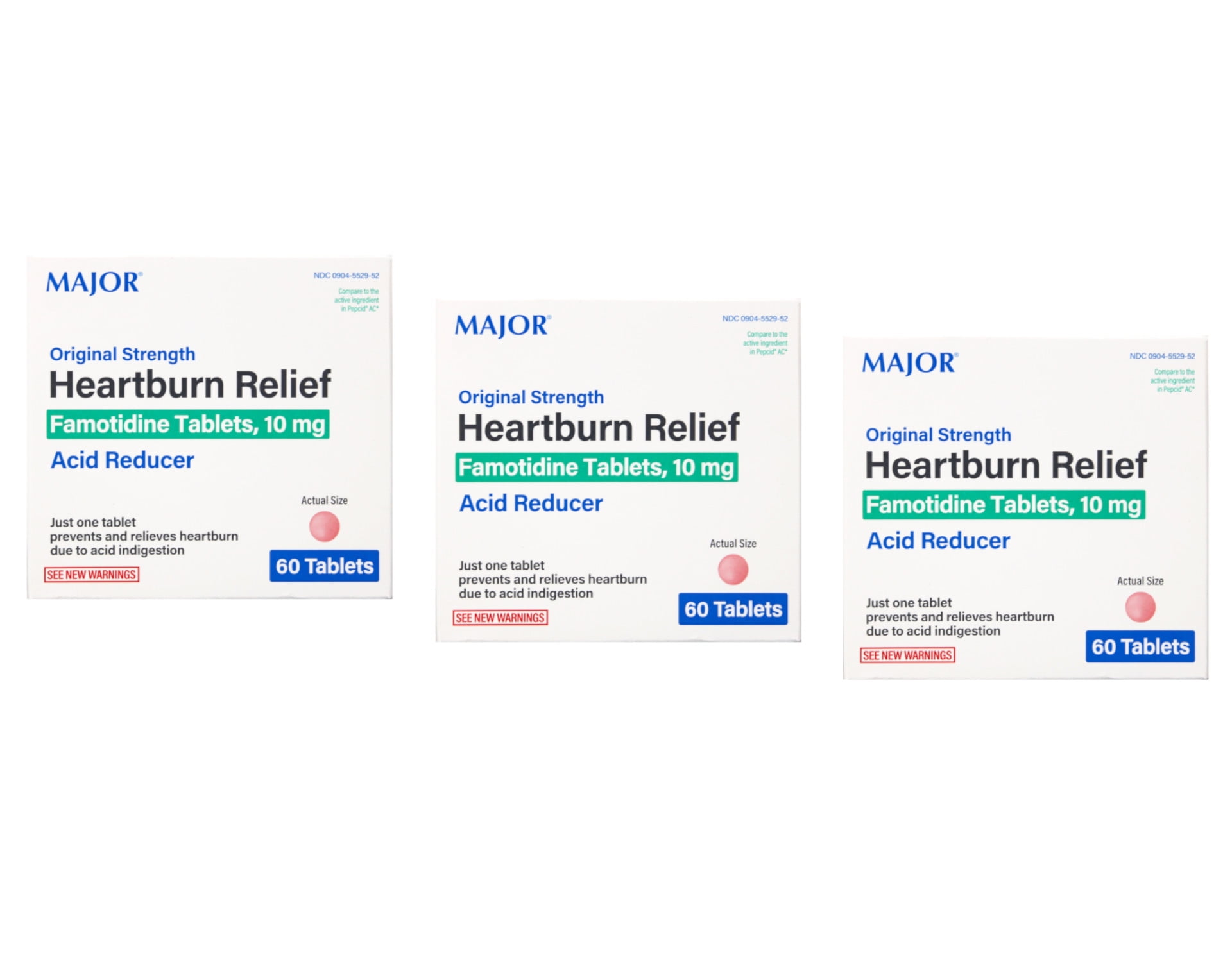Major Original Strength Heartburn Relief Famotidine Tablets, 10 mg - Pack of 3
